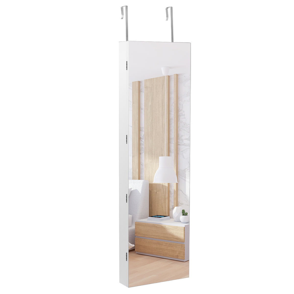 LIVSK Sieradenkast - Afsluitbaar met LED-verlichting - Zacht zwart fluweel - Grote spiegel - 35,5 x 10 x 138 cm - Wit