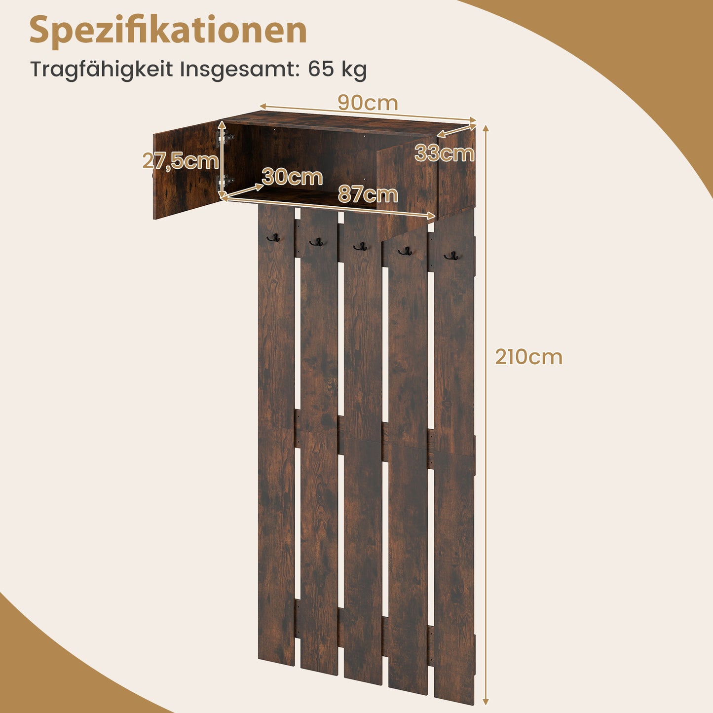 LIVSK Wandgarderobe - 2-in-1 met Opbergkast en 5 Haken - Versterkte Houten Structuur - Compact Ontwerp - Bruin