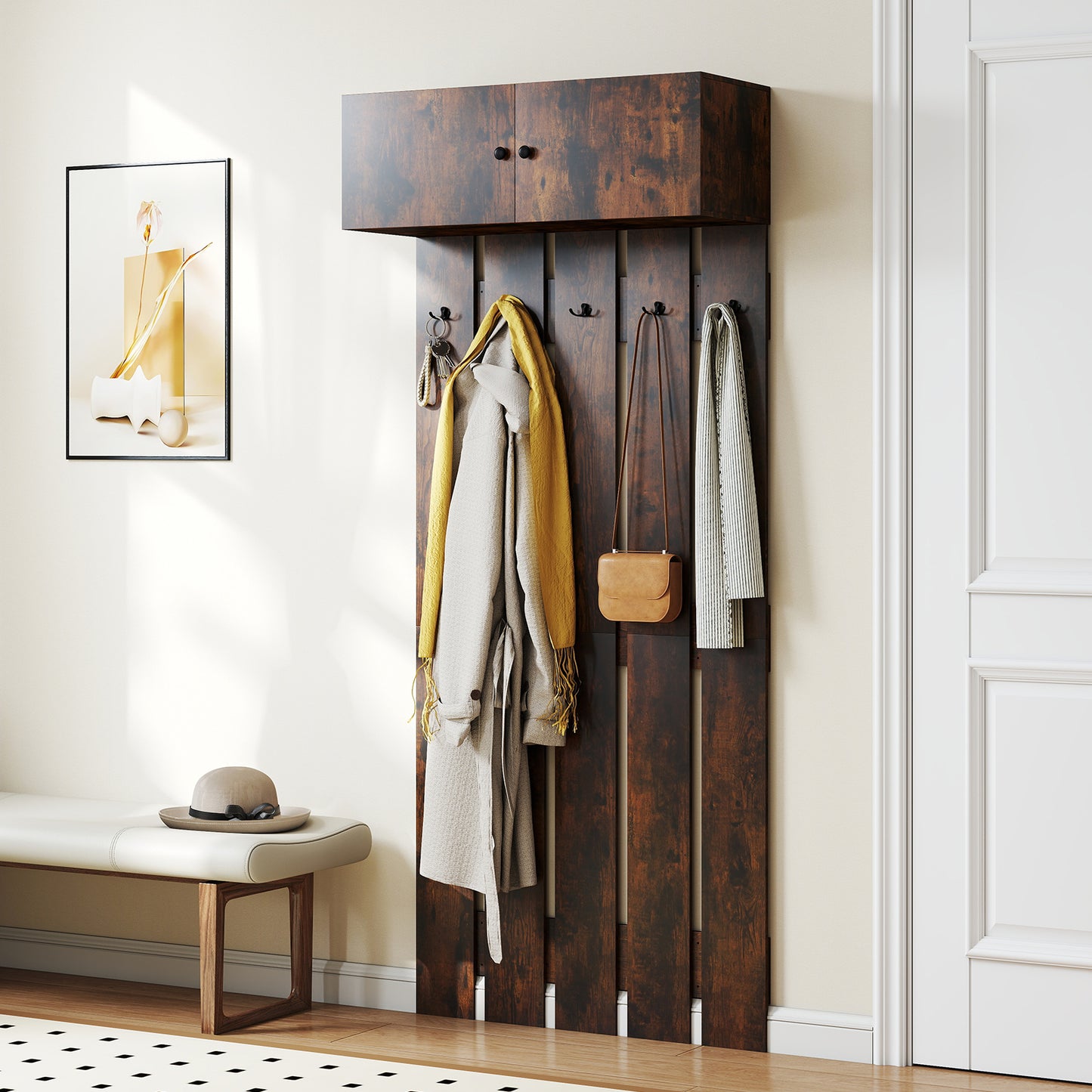 LIVSK Wandgarderobe - 2-in-1 met Opbergkast en 5 Haken - Versterkte Houten Structuur - Compact Ontwerp - Bruin
