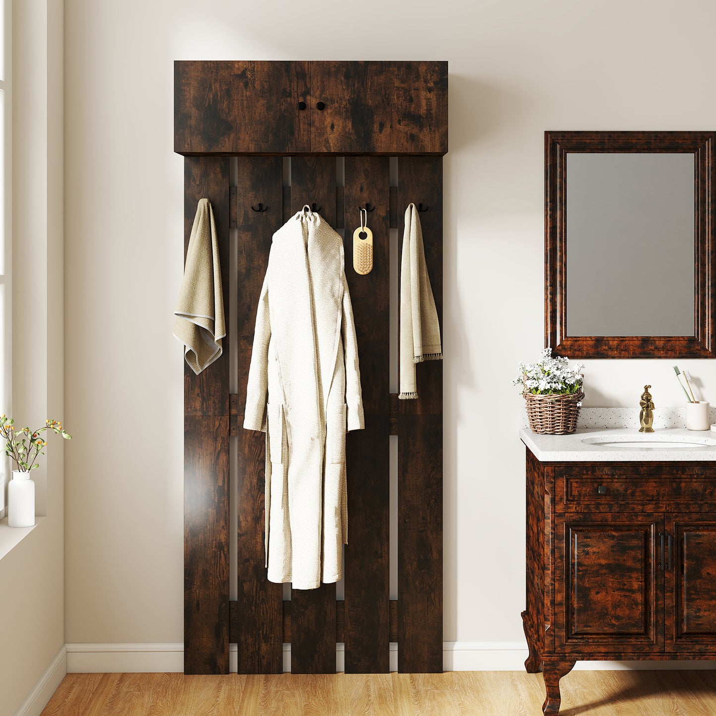 LIVSK Wandgarderobe - 2-in-1 met Opbergkast en 5 Haken - Versterkte Houten Structuur - Compact Ontwerp - Bruin