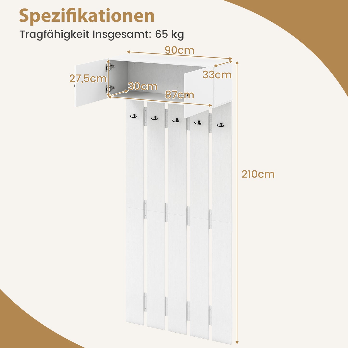 LIVSK Wandgarderobe met Bovenkast - 5 Metalen Haken - Duurzaam en Praktisch - Voor Hal, Keuken of Badkamer - Wit