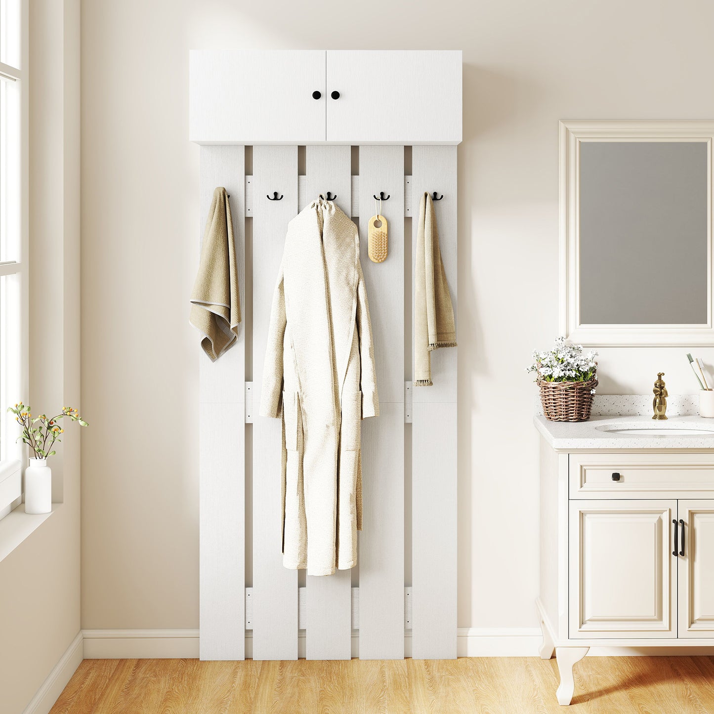 LIVSK Wandgarderobe met Bovenkast - 5 Metalen Haken - Duurzaam en Praktisch - Voor Hal, Keuken of Badkamer - Wit