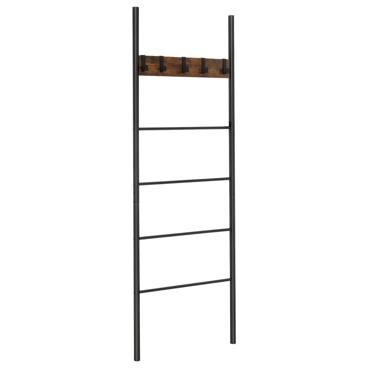 LIVSK Ladderrek met 5 Niveaus en 5 Afneembare Haken - Ruimtebesparend Ontwerp - Stevig Metaal en Hout - Rustiek Bruin en Zwart