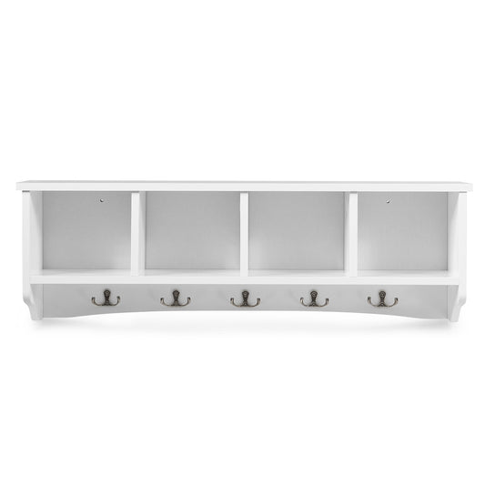 LIVSK Wandgemonteerde Opbergkast met Kapstok - 4 Compartimenten en 5 Haken - Stevig MDF - Ruimtebesparend - 72 x 15 x 23 cm - Wit
