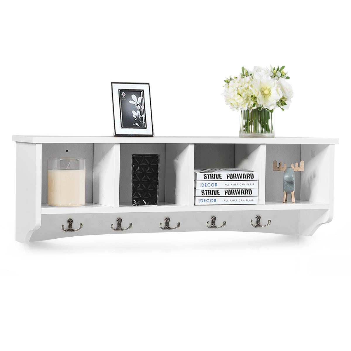 LIVSK Wandgemonteerde Opbergkast met Kapstok - 4 Compartimenten en 5 Haken - Stevig MDF - Ruimtebesparend - 72 x 15 x 23 cm - Wit
