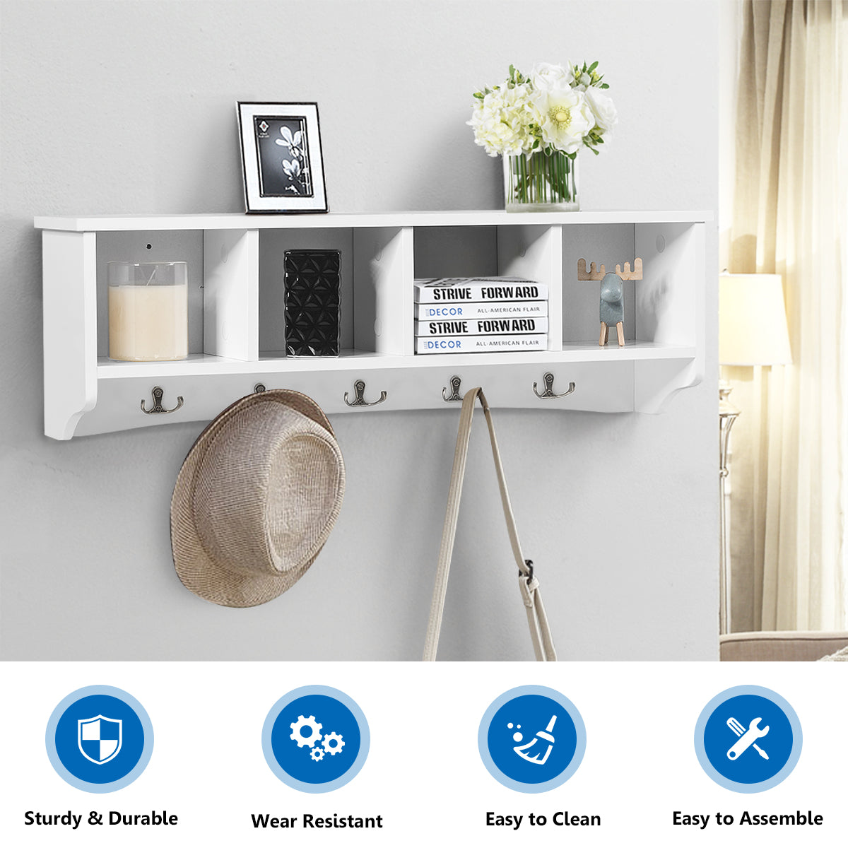 LIVSK Wandgemonteerde Opbergkast met Kapstok - 4 Compartimenten en 5 Haken - Stevig MDF - Ruimtebesparend - 72 x 15 x 23 cm - Wit