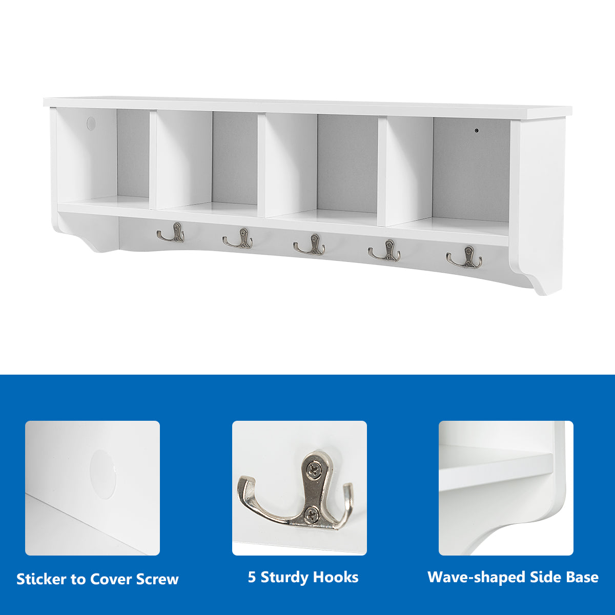LIVSK Wandgemonteerde Opbergkast met Kapstok - 4 Compartimenten en 5 Haken - Stevig MDF - Ruimtebesparend - 72 x 15 x 23 cm - Wit