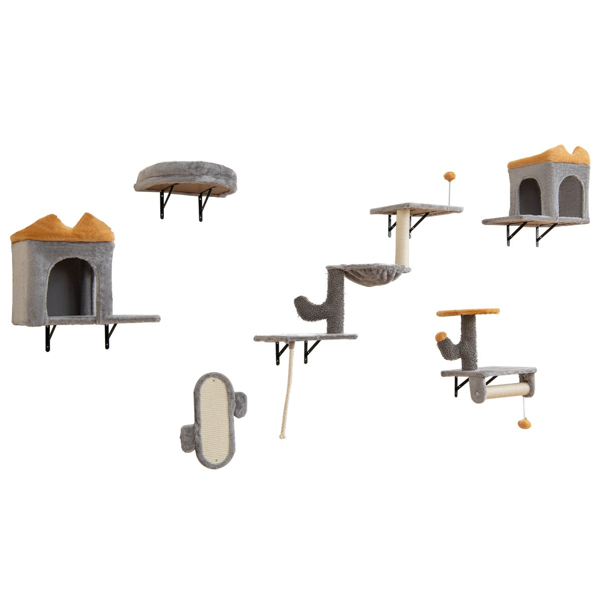 LIVSK Wandmontage Kattenmeubelset - 2 - Traps Platform - Krabpaal - Gezellig Bed - Duurzaam Sisal - Grijs - Ruimtebesparend
