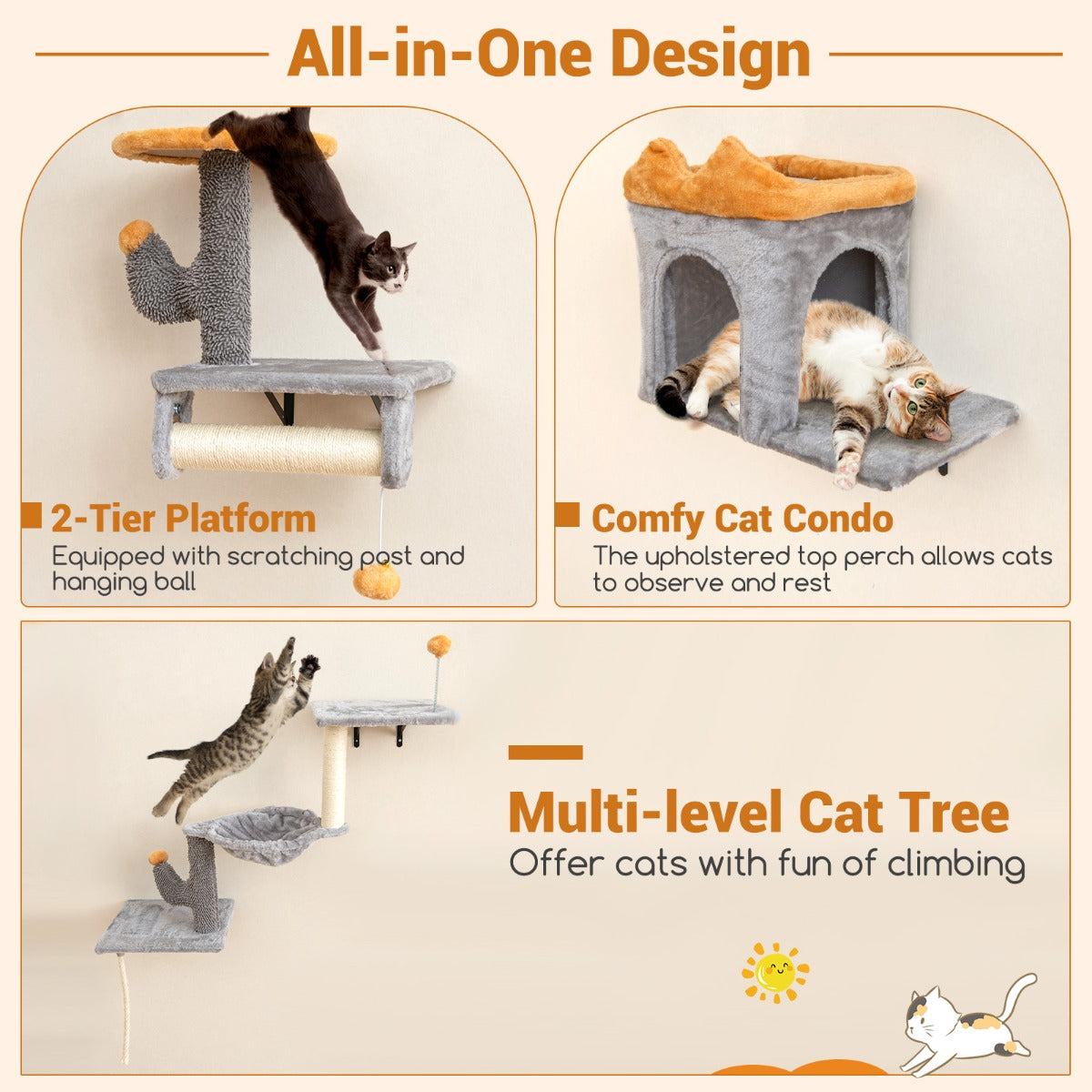 LIVSK Wandmontage Kattenmeubelset - 2 - Traps Platform - Krabpaal - Gezellig Bed - Duurzaam Sisal - Grijs - Ruimtebesparend