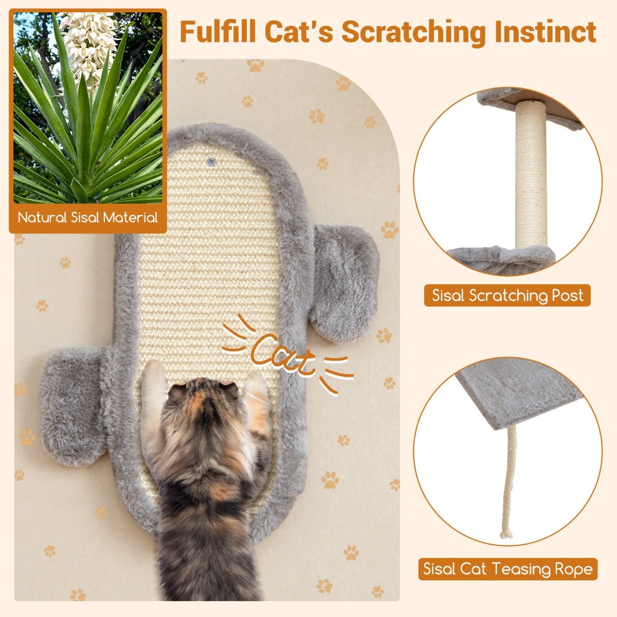 LIVSK Wandmontage Kattenmeubelset - 2 - Traps Platform - Krabpaal - Gezellig Bed - Duurzaam Sisal - Grijs - Ruimtebesparend