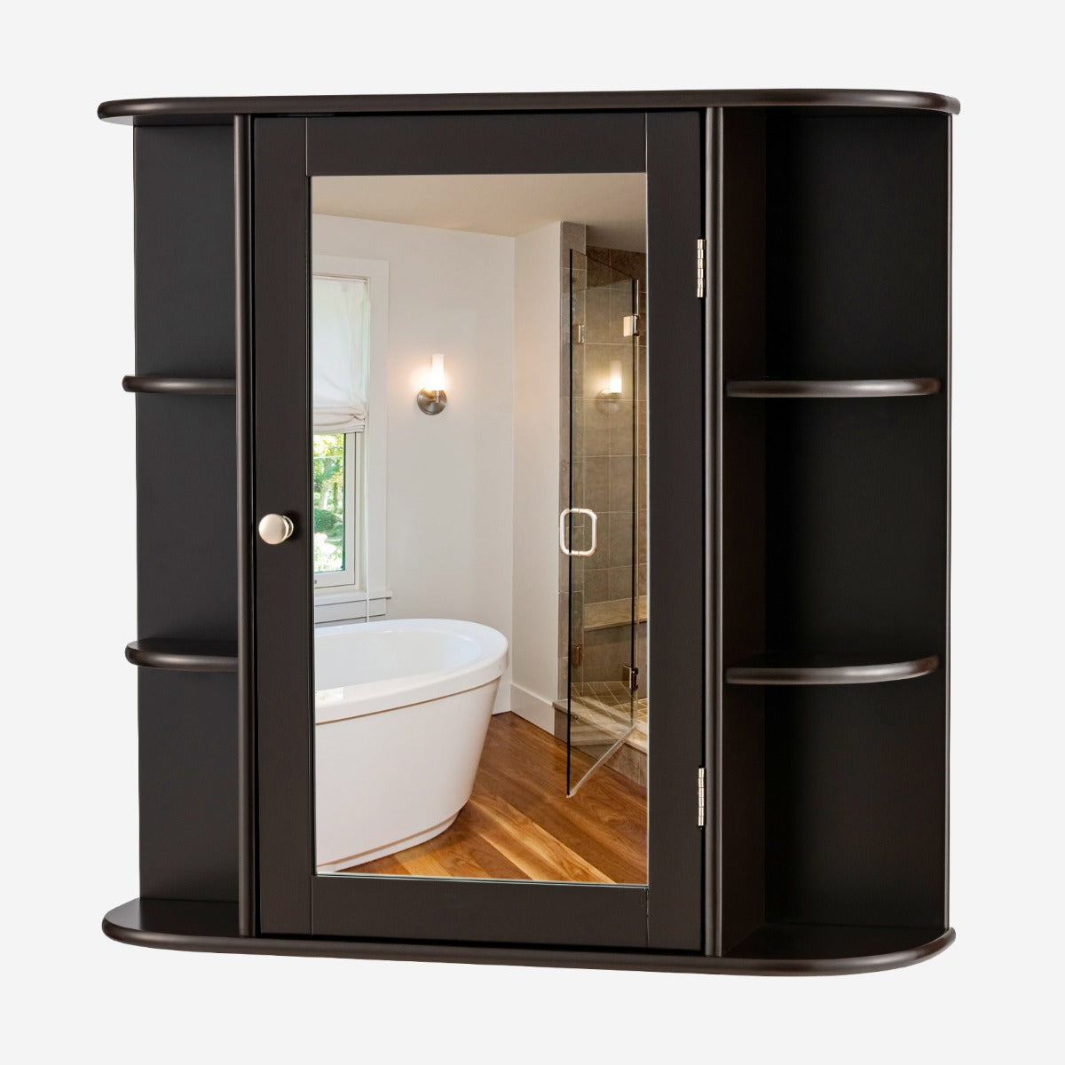 LIVSK Multifunctionele Badkamerkast - Duurzaam MDF - Spiegeldeur - 6 Vakken - Efficiënt Ruimtegebruik - 65 x 17 x 64 cm - Bruin