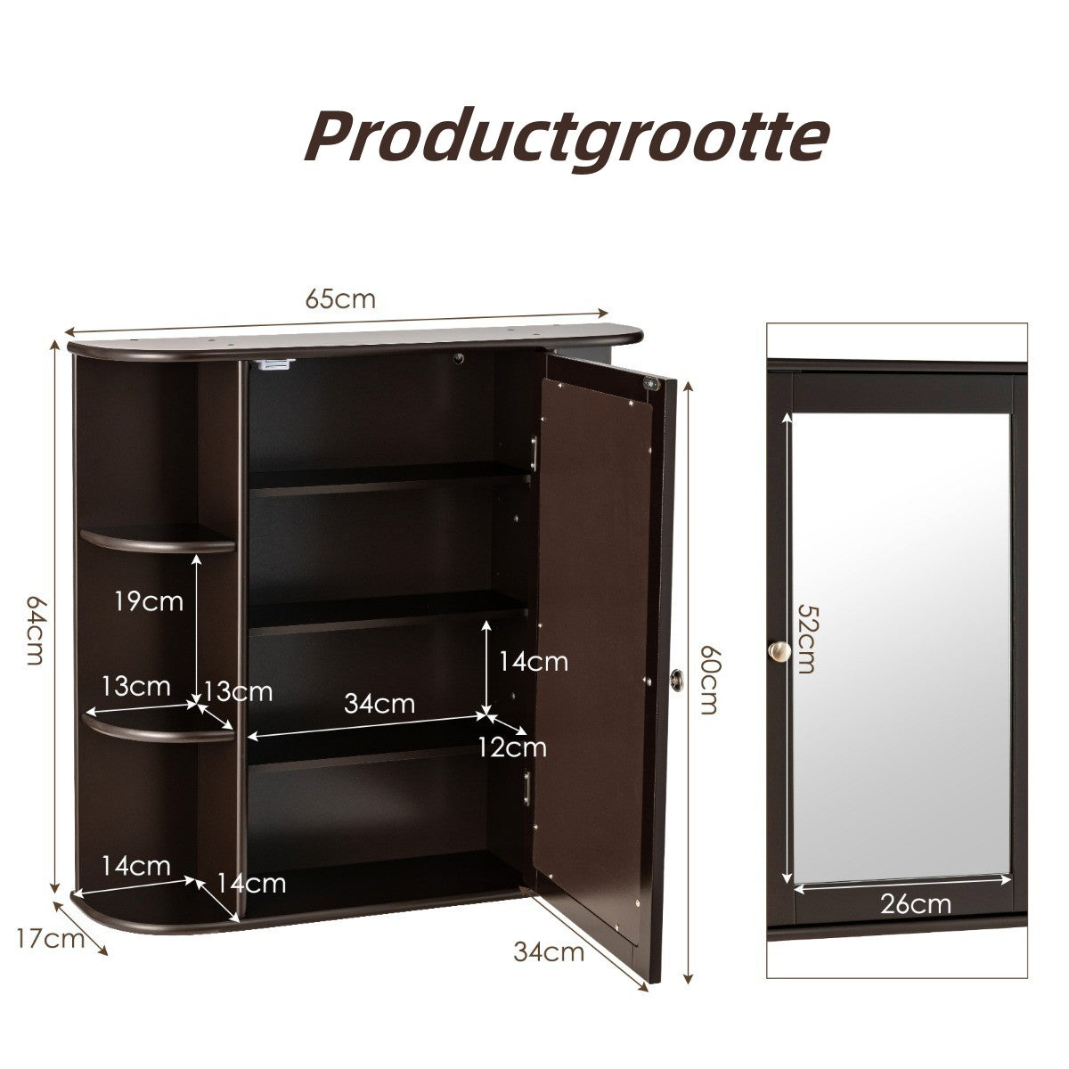 LIVSK Multifunctionele Badkamerkast - Duurzaam MDF - Spiegeldeur - 6 Vakken - Efficiënt Ruimtegebruik - 65 x 17 x 64 cm - Bruin