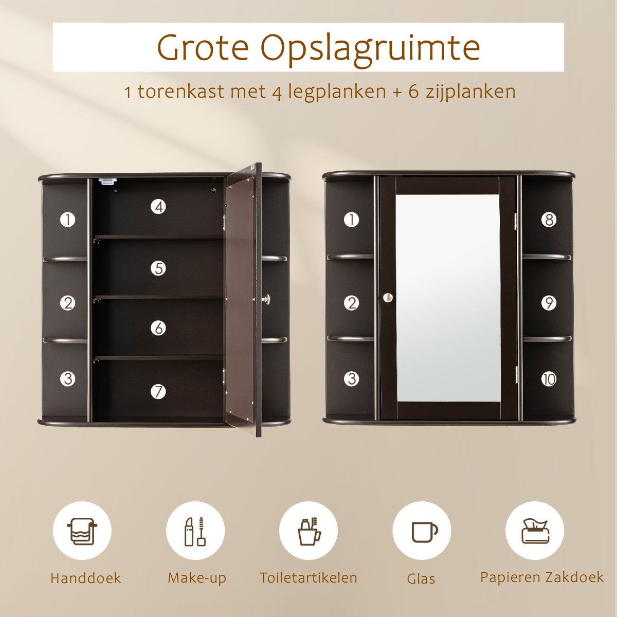 LIVSK Multifunctionele Badkamerkast - Duurzaam MDF - Spiegeldeur - 6 Vakken - Efficiënt Ruimtegebruik - 65 x 17 x 64 cm - Bruin