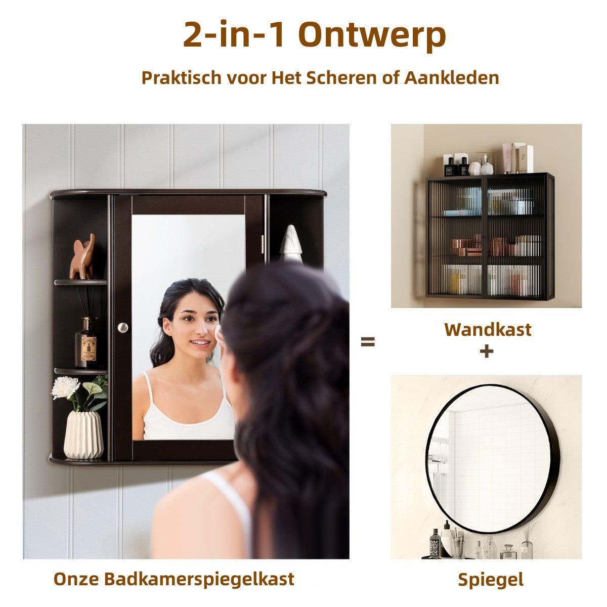 LIVSK Multifunctionele Badkamerkast - Duurzaam MDF - Spiegeldeur - 6 Vakken - Efficiënt Ruimtegebruik - 65 x 17 x 64 cm - Bruin