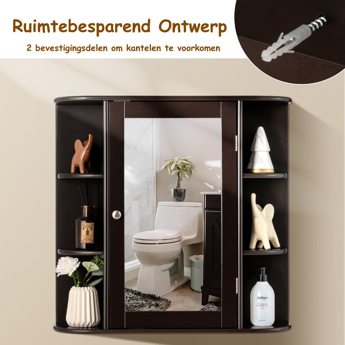 LIVSK Multifunctionele Badkamerkast - Duurzaam MDF - Spiegeldeur - 6 Vakken - Efficiënt Ruimtegebruik - 65 x 17 x 64 cm - Bruin