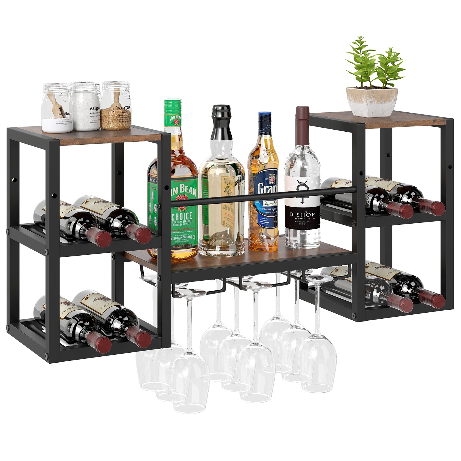 LIVSK Wandgemonteerde Wijnkast - Metalen Frame - 8 Wijnrekken - 3 Glazenhouders - Open Planken - Duurzaam - Rustiek Bruin