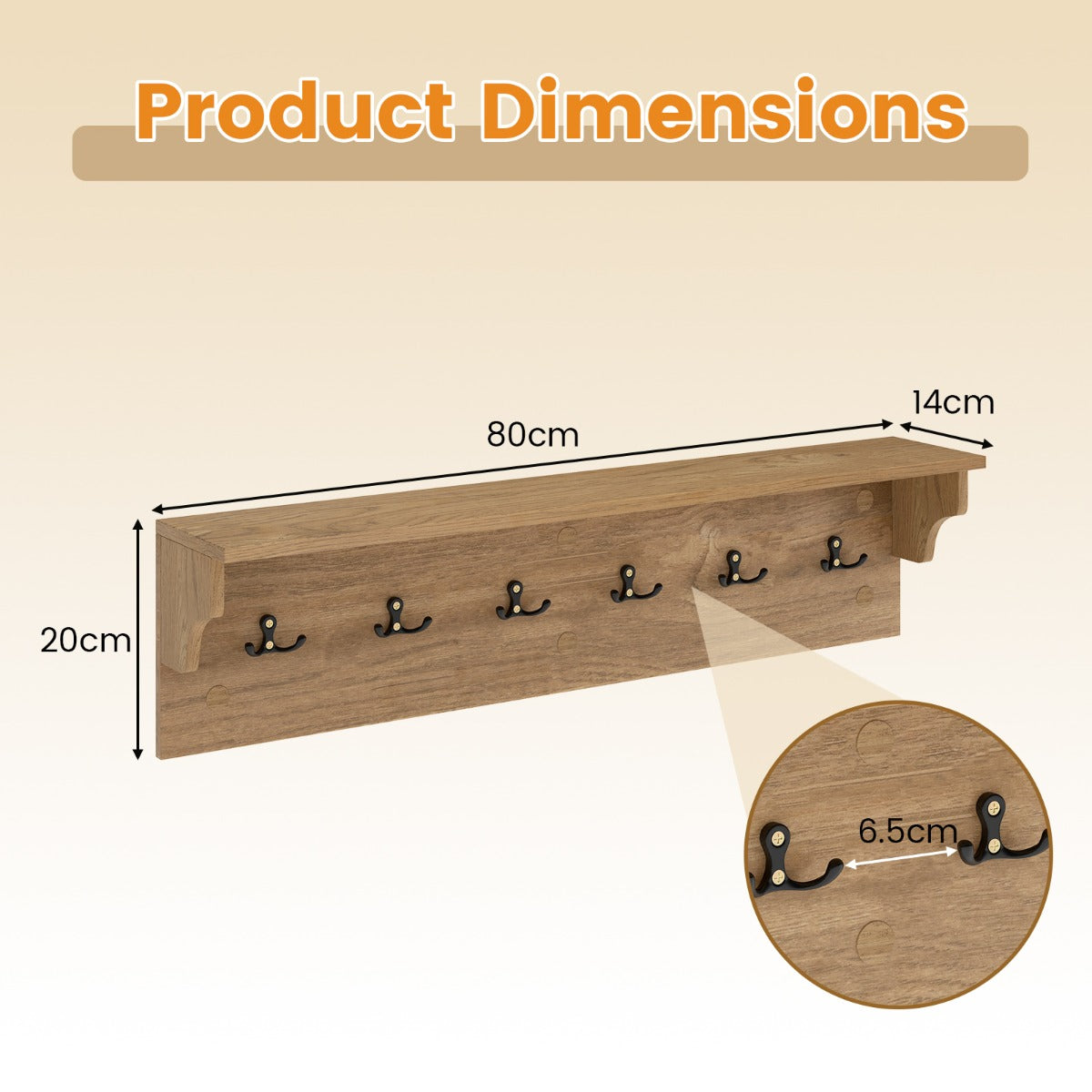 Livsk costway wandkapstok met opbergvak houten wandrail met zes haken naturel 2