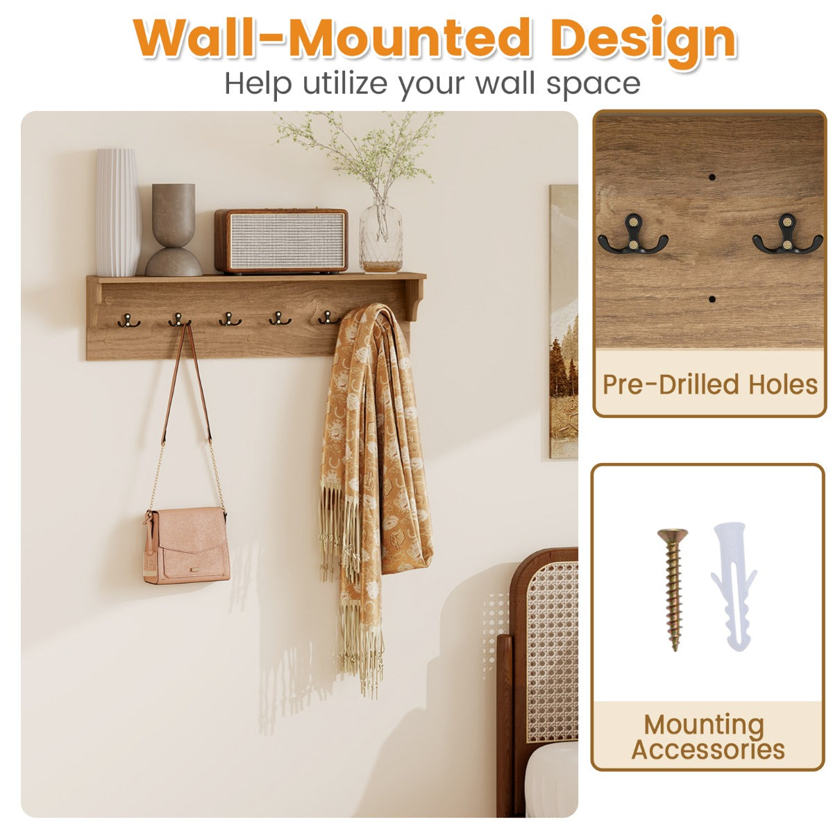 Livsk costway wandkapstok met opbergvak houten wandrail met zes haken naturel 5
