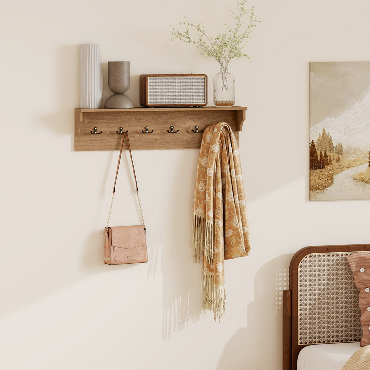Livsk costway wandkapstok met opbergvak houten wandrail met zes haken naturel 6