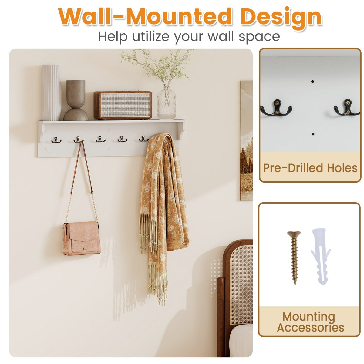 Livsk costway wandkapstok met opbergvak houten wandrail met zes haken wit 5 2