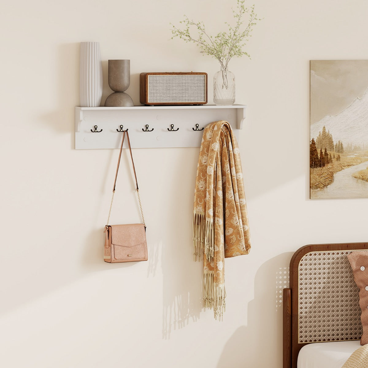 Livsk costway wandkapstok met opbergvak houten wandrail met zes haken wit 6 2