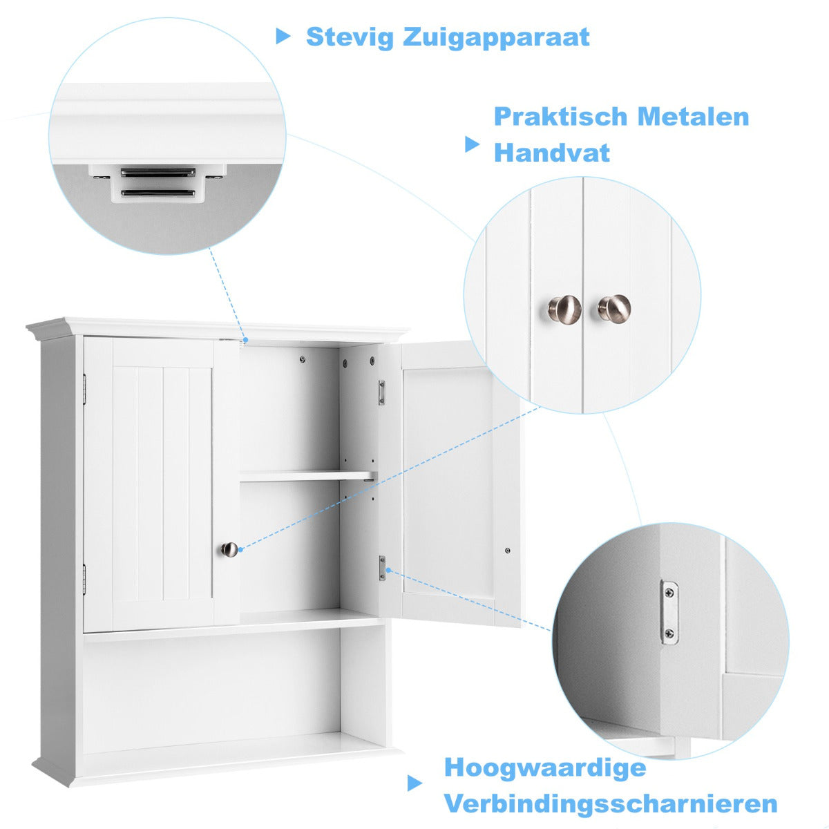 LIVSK Wandkast Badkamer - Houten - Wandmontage - Verstelbare Planken - 2 Deuren - 60 x 20 x 70,5 cm - Wit