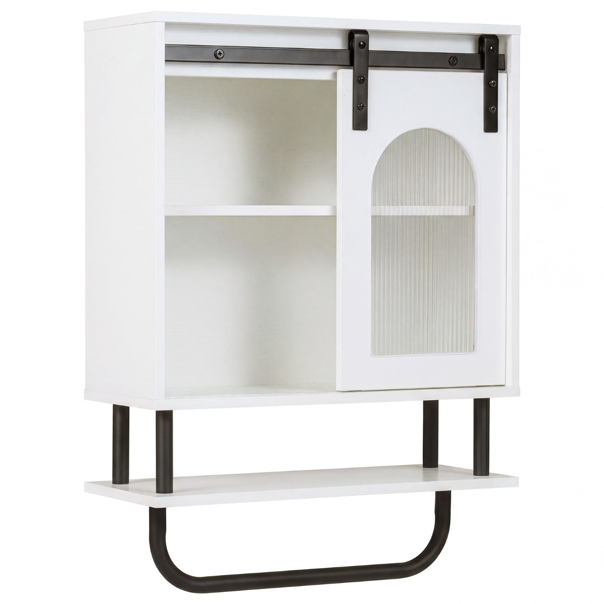 Livsk costway wandkast voor de badkamer houten hangkast met open plank schuifdeur en handdoekhouder 1