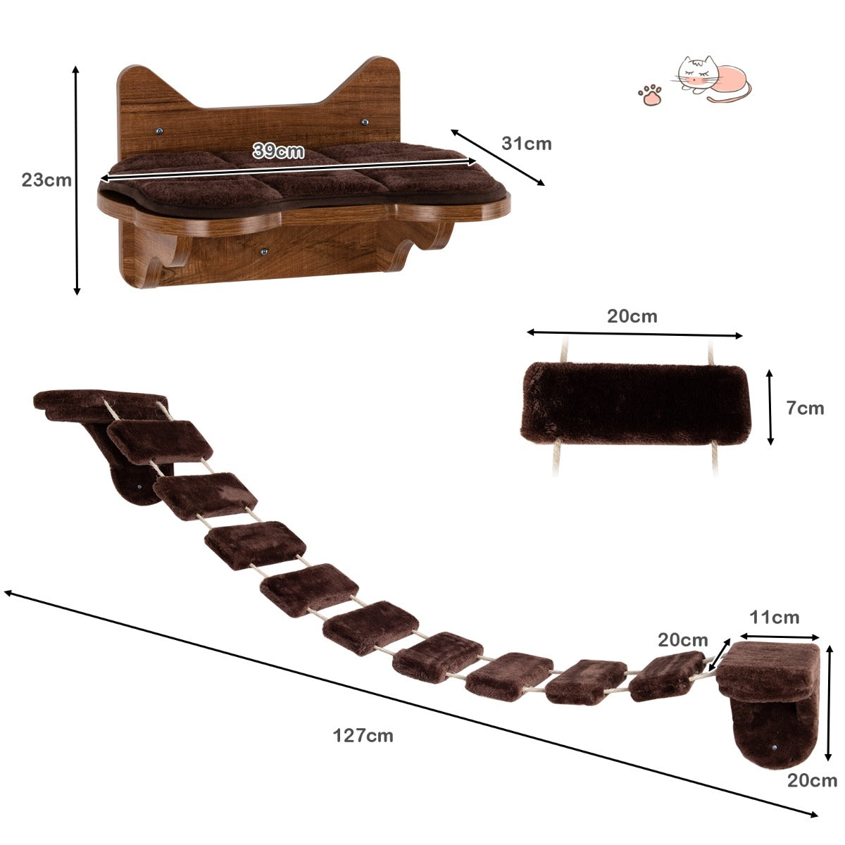 LIVSK Wandkatten Klimrek met Klimladder - Duurzaam & Veilig - Zacht Pluche - Ruimtebesparend - Tot 10 kg - Bruin