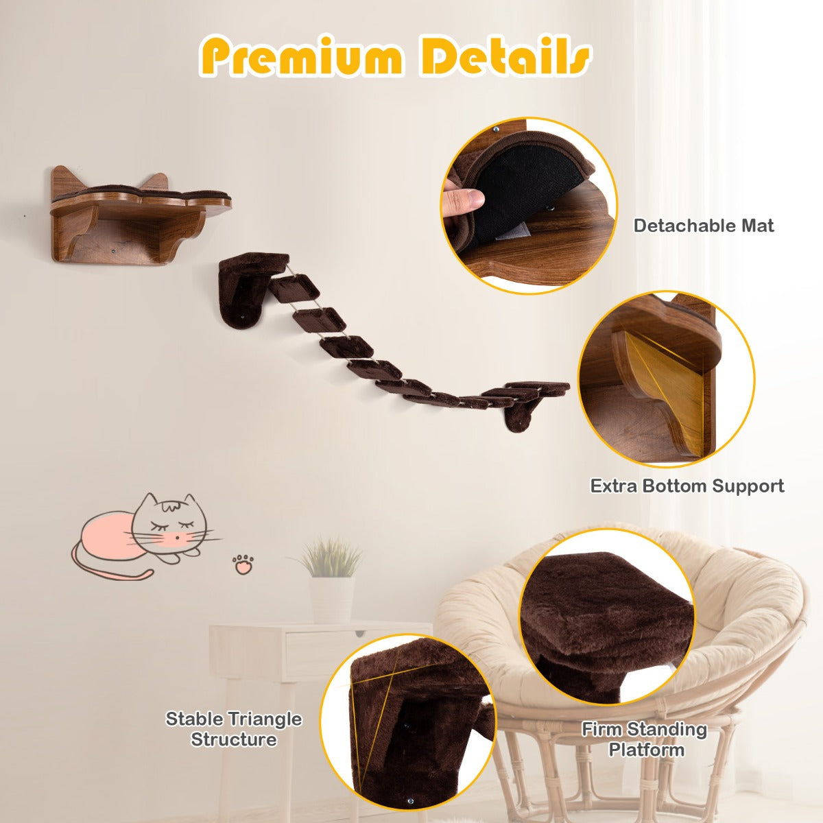 LIVSK Wandkatten Klimrek met Klimladder - Duurzaam & Veilig - Zacht Pluche - Ruimtebesparend - Tot 10 kg - Bruin
