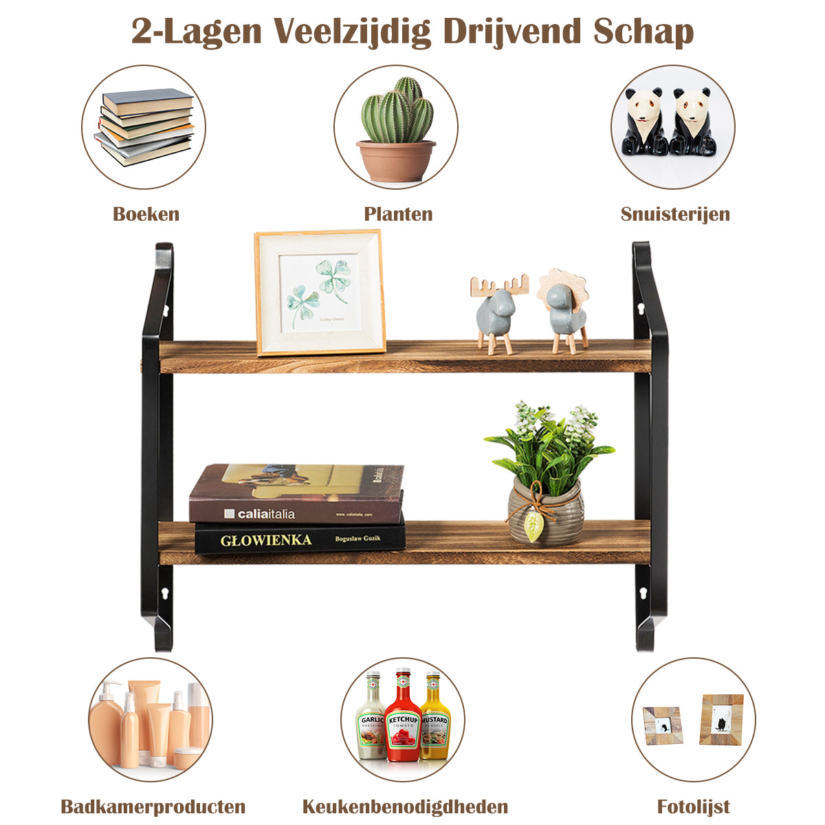 LIVSK Zwevende Opbergrek met 2 Niveaus - Duurzaam Paulownia Hout & Staal - Ruimtebesparend - Eenvoudige Installatie - 60 x 15 x