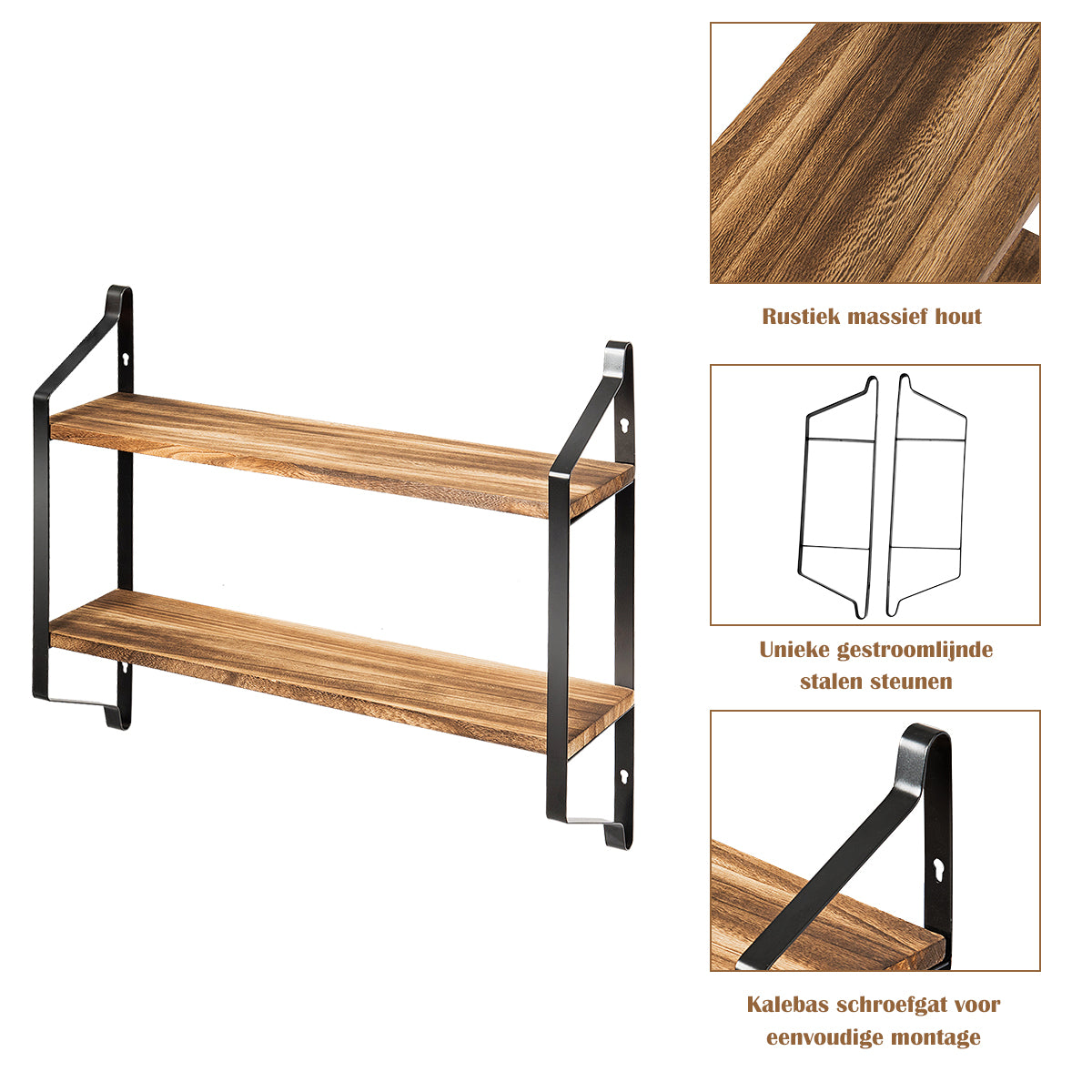 LIVSK Zwevende Opbergrek met 2 Niveaus - Duurzaam Paulownia Hout & Staal - Ruimtebesparend - Eenvoudige Installatie - 60 x 15 x