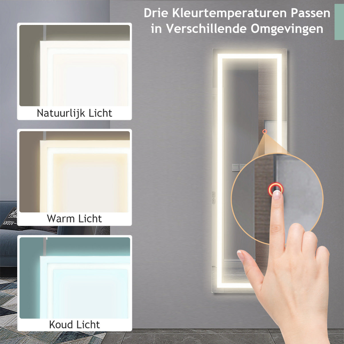 LIVSK LED-deurspiegel over de volle lengte - 3 Kleurenverlichting - MDF-frame - Veiligheidsglas - 120 x 37 x 2 cm - Wit