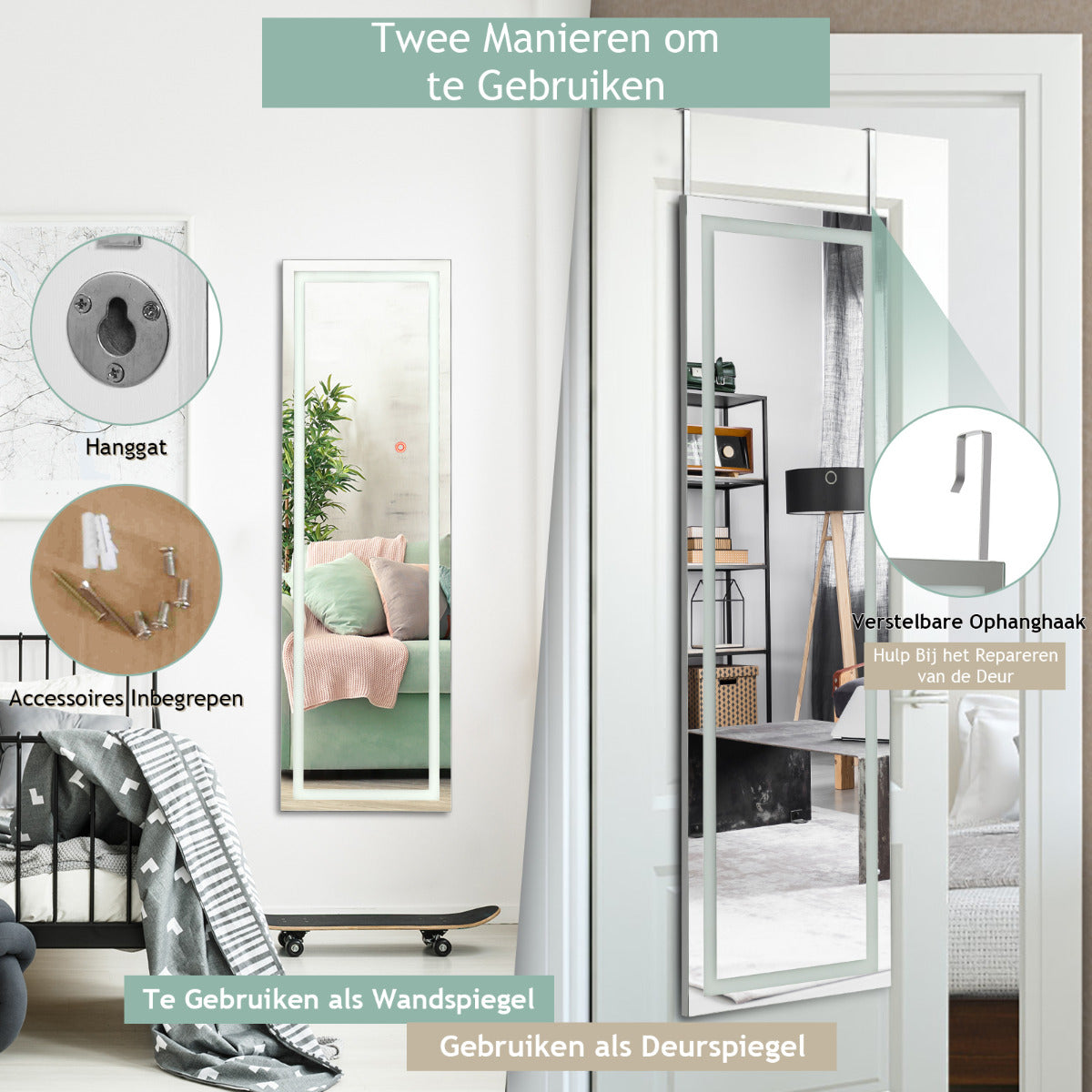LIVSK LED-deurspiegel over de volle lengte - 3 Kleurenverlichting - MDF-frame - Veiligheidsglas - 120 x 37 x 2 cm - Wit