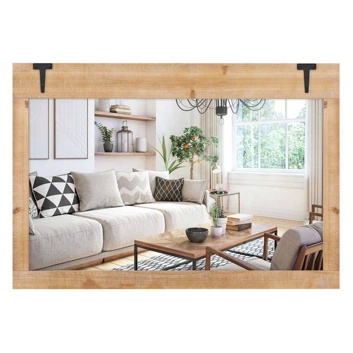 LIVSK Wandspiegel 97 x 67 cm - Natuurlijk Dennenhouten Frame - HD Reflectie - Flexibele Montage - Inclusief Haken - Natuurlijk
