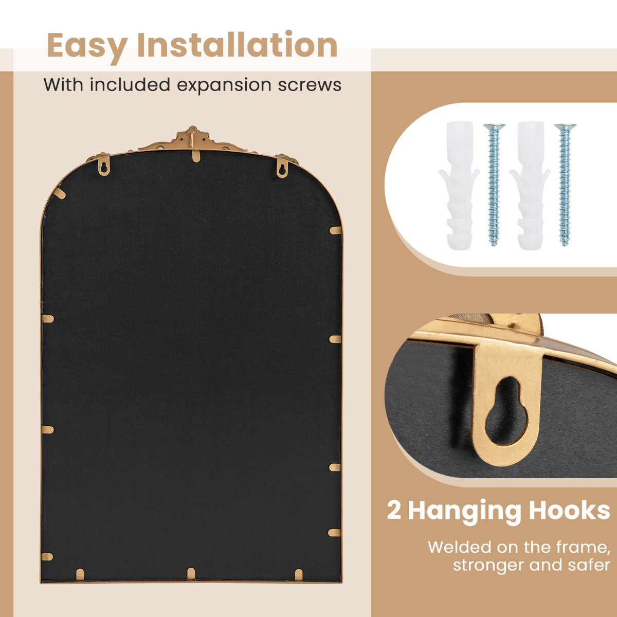 Livsk costway wandspiegel gouden traditionele vintage barokspiegel met metalen frame antieke boogspiegel 76 cm x 51 cm 2