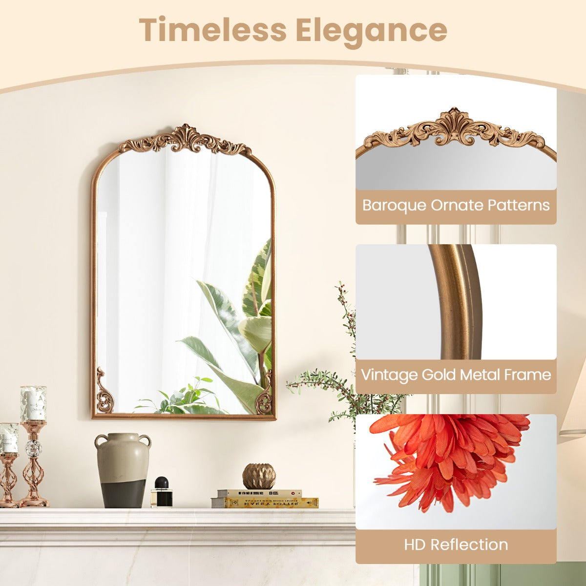 Livsk costway wandspiegel gouden traditionele vintage barokspiegel met metalen frame antieke boogspiegel 76 cm x 51 cm 3