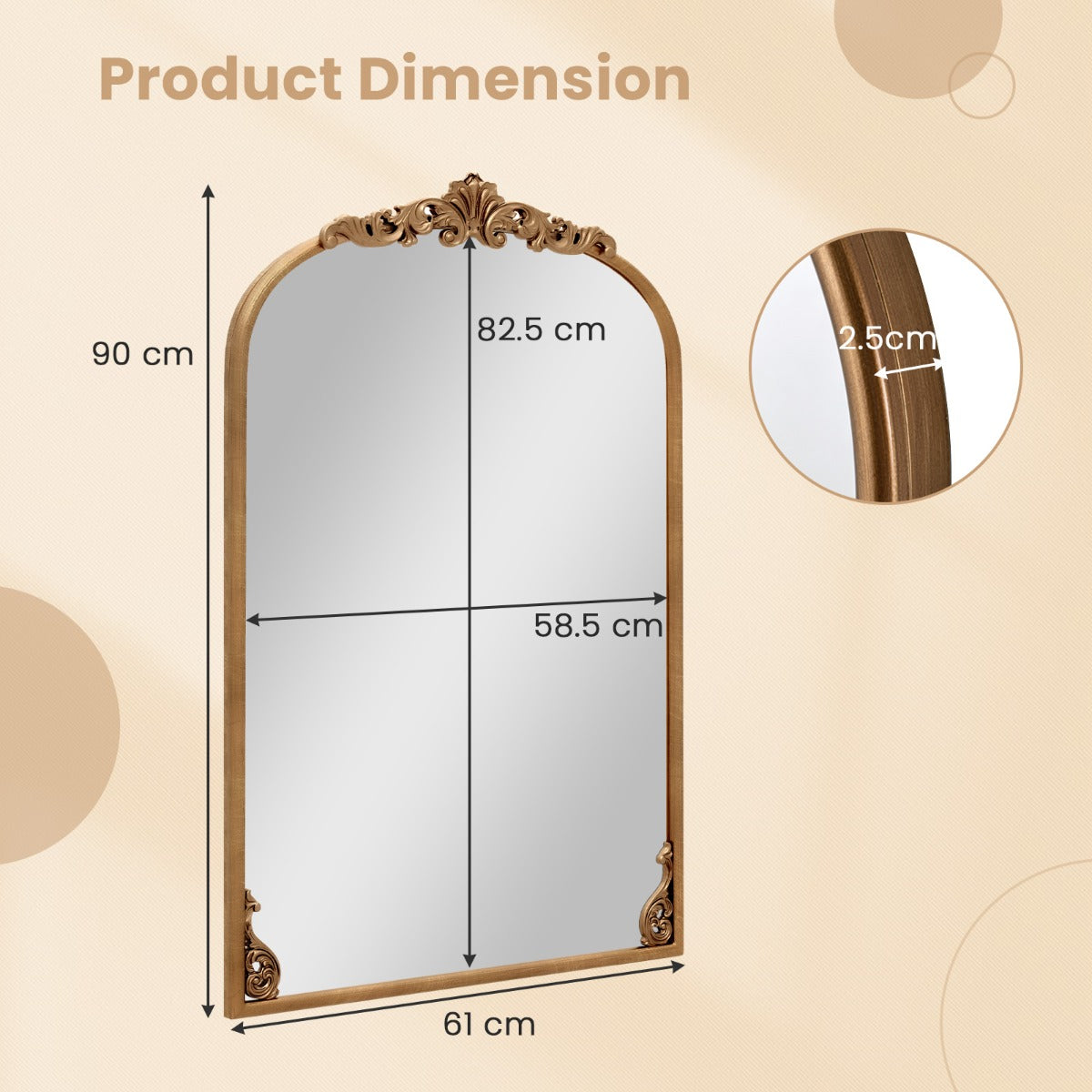 Livsk costway wandspiegel gouden traditionele vintage barokspiegel met metalen frame antieke boogspiegel 90 cm x 61 cm 1 1