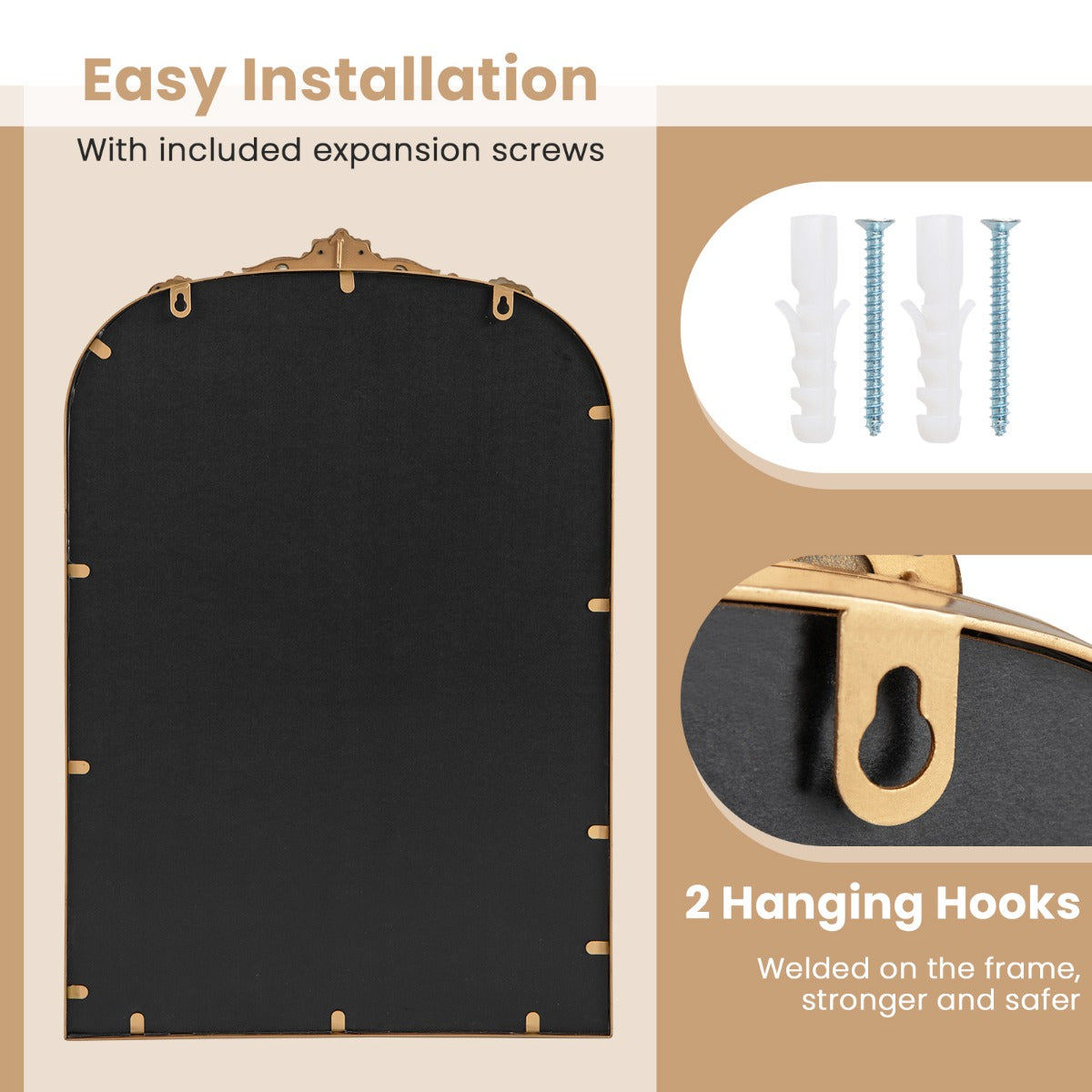 Livsk costway wandspiegel gouden traditionele vintage barokspiegel met metalen frame antieke boogspiegel 90 cm x 61 cm 2