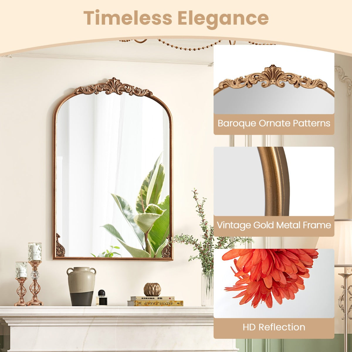 Livsk costway wandspiegel gouden traditionele vintage barokspiegel met metalen frame antieke boogspiegel 90 cm x 61 cm 3