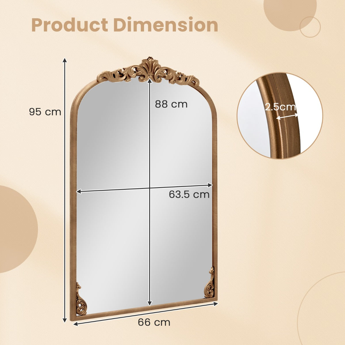 Livsk costway wandspiegel gouden traditionele vintage barokspiegel met metalen frame antieke boogspiegel 95 cm x 66 cm 1 1