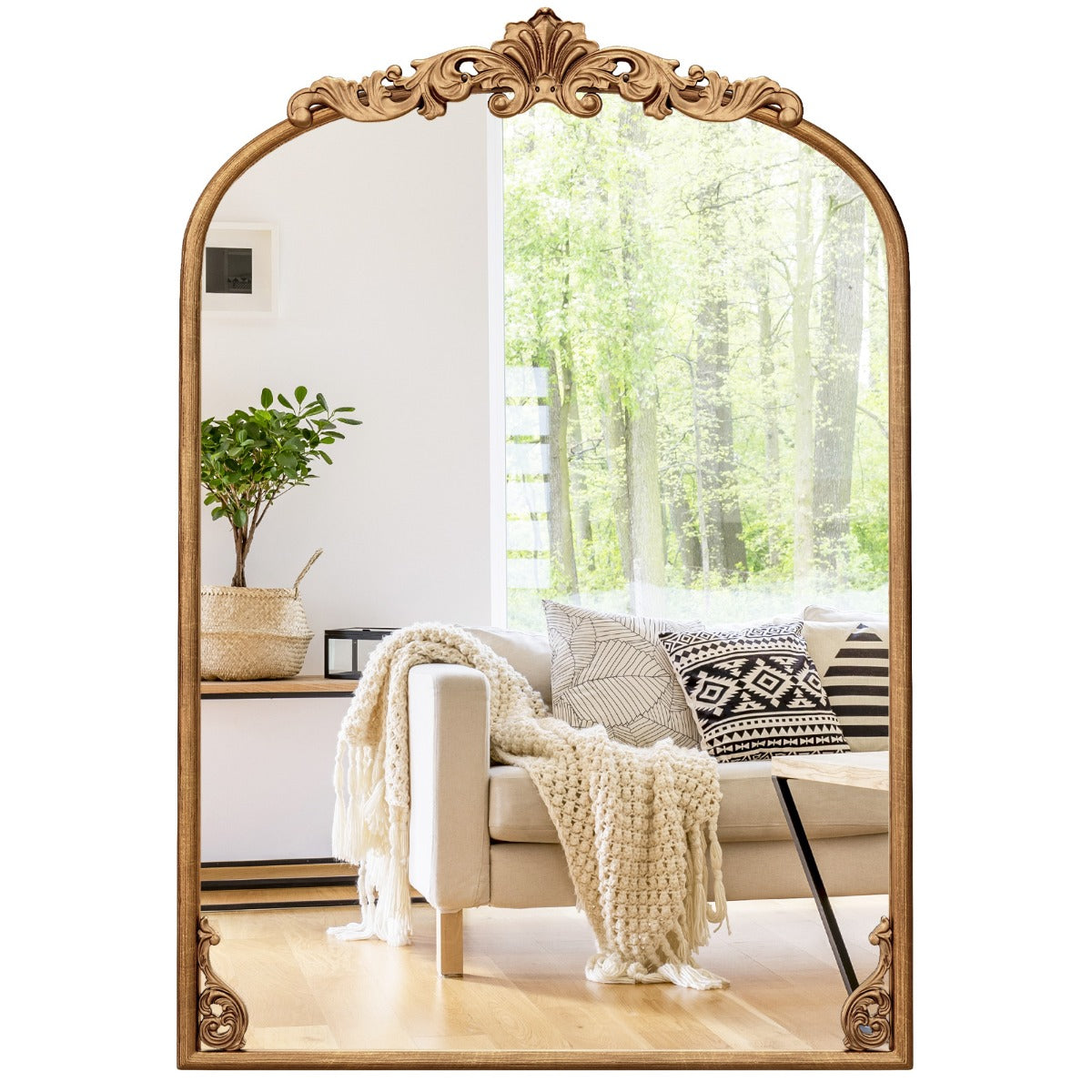 Livsk costway wandspiegel gouden traditionele vintage barokspiegel met metalen frame antieke boogspiegel 95 cm x 66 cm