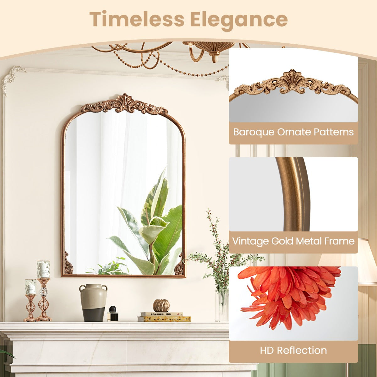 Livsk costway wandspiegel gouden traditionele vintage barokspiegel met metalen frame antieke boogspiegel 95 cm x 66 cm 3