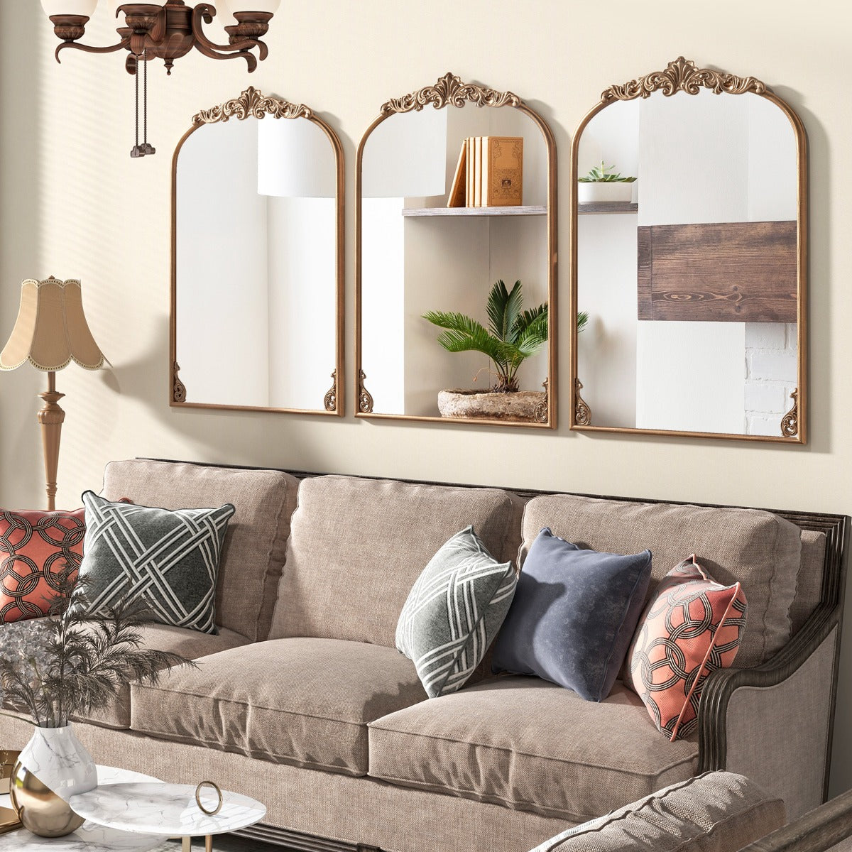 Livsk costway wandspiegel gouden traditionele vintage barokspiegel met metalen frame antieke boogspiegel 95 cm x 66 cm 4