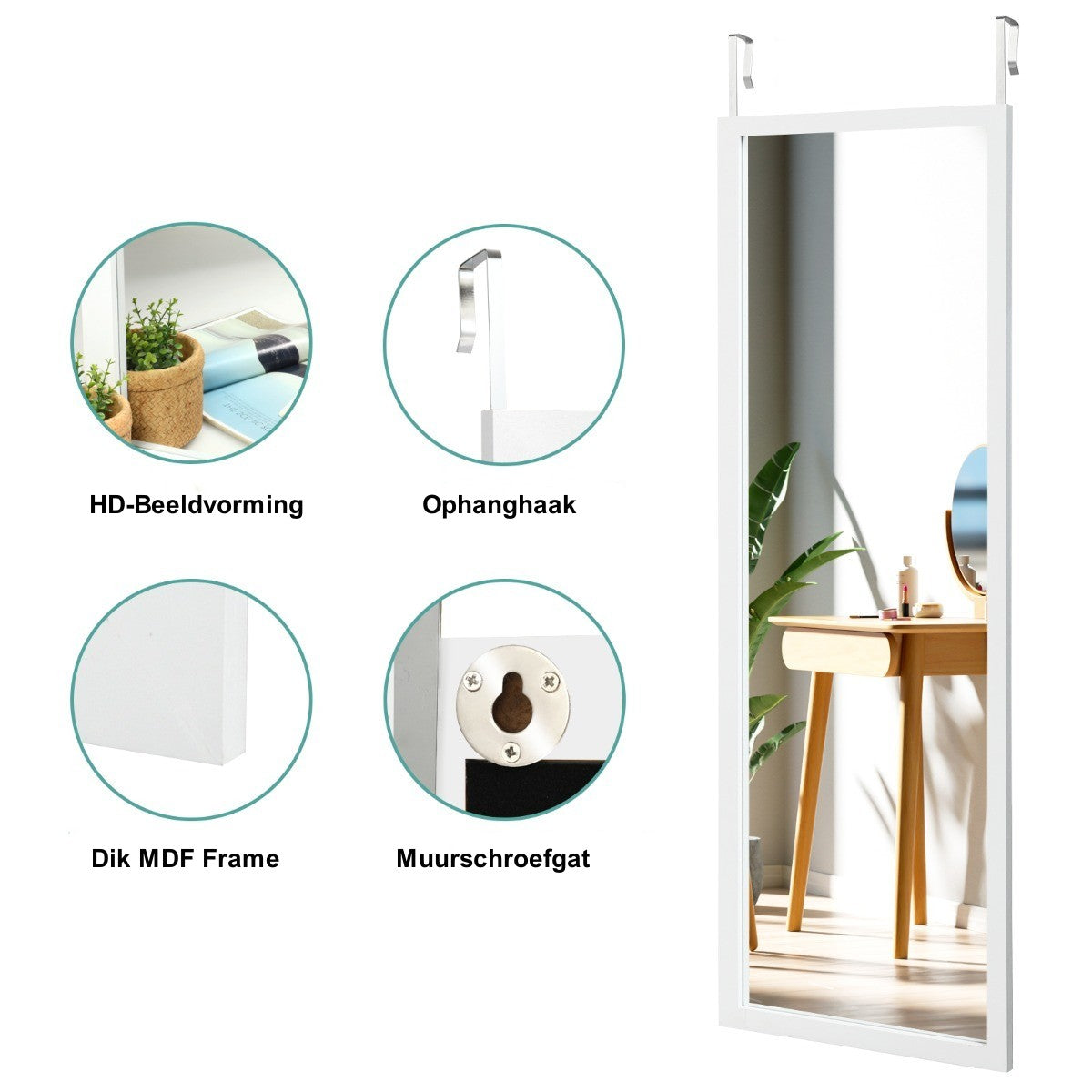 LIVSK Hangende Ingelijste Passpiegel - Explosieveilig Glas - Stevig MDF Frame - 120 x 37 cm - Wit