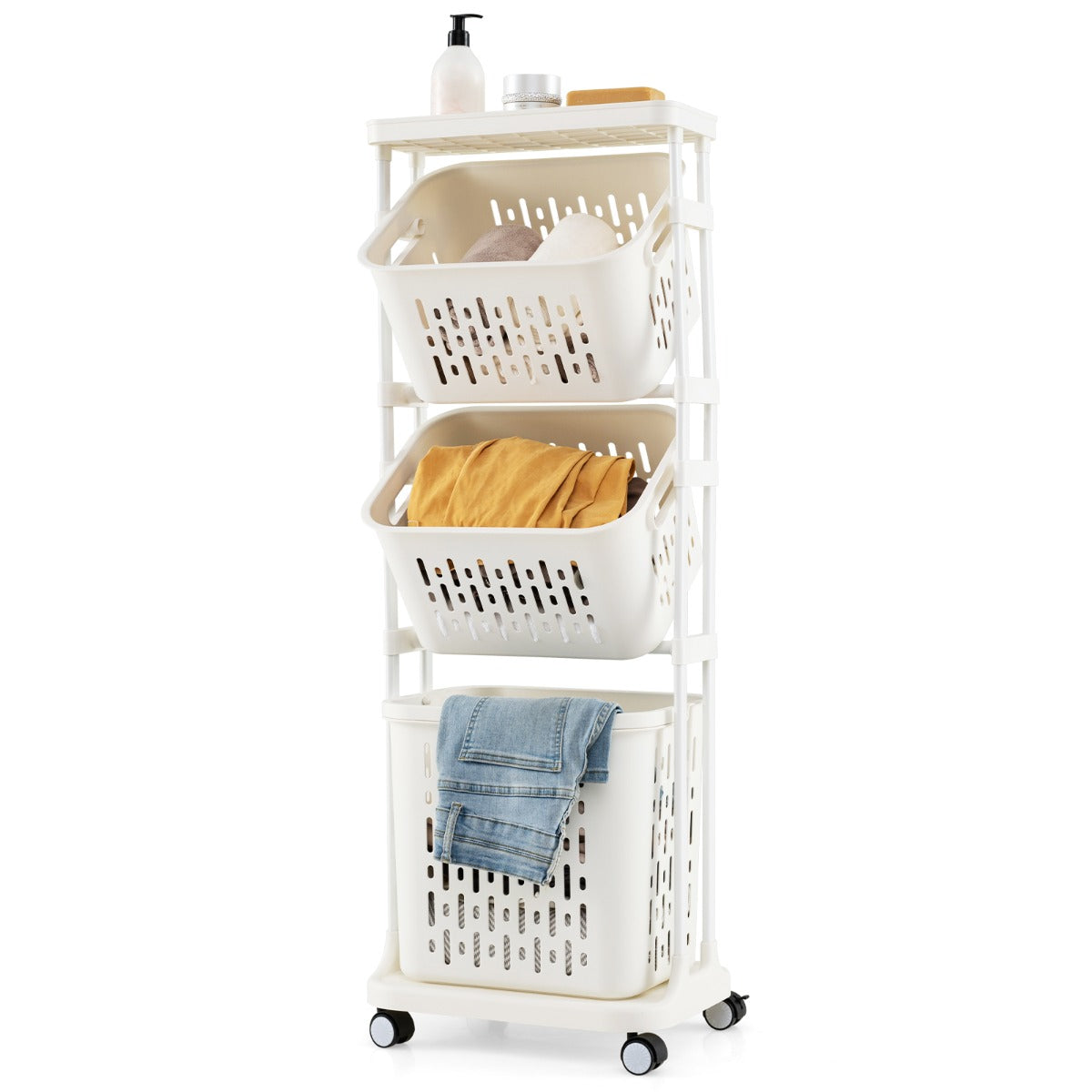 LIVSK Wasmand met 3 Niveaus - 4 Wielen waarvan 2 Vergrendelbaar - Ruimtebesparend - Voor Kleding en Handdoeken - Wit
