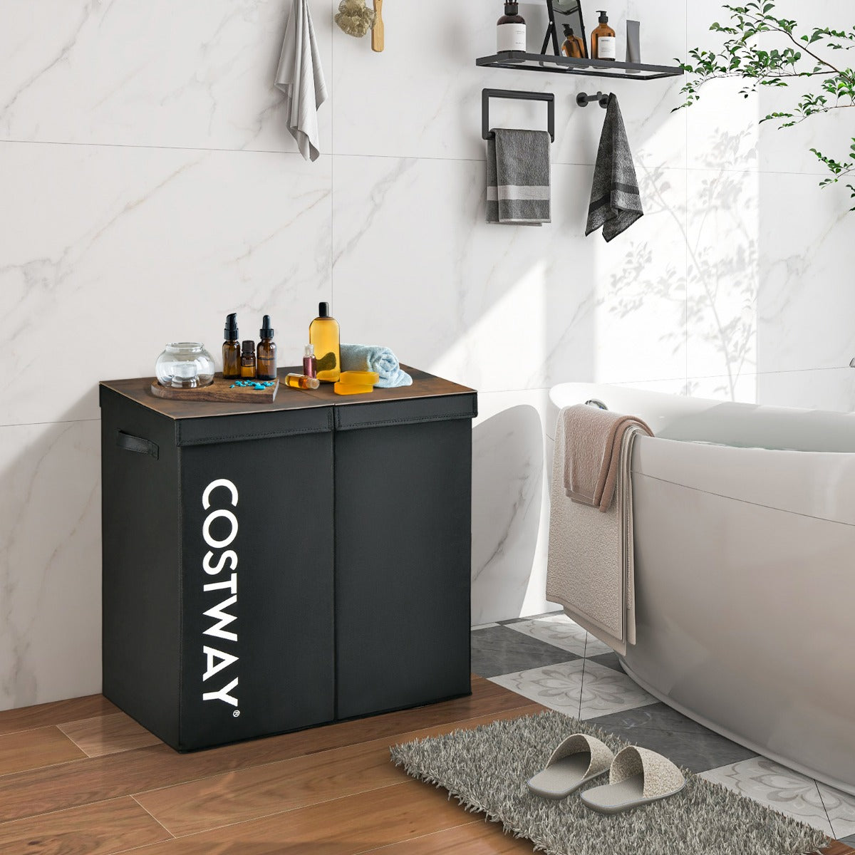 LIVSK Wasmand met Deksel - 115 L - 2 Vakken - Vliesstof - Handgrepen - Duurzaam - Zwart