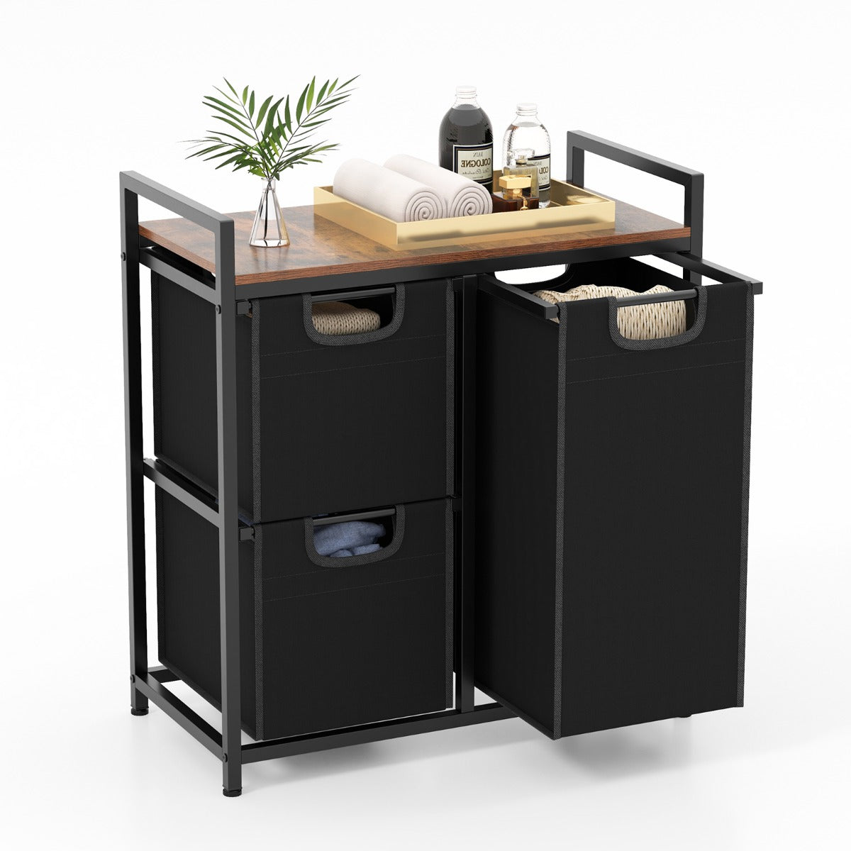 LIVSK Wasmand met 3 Uittrekbare Zakken - Robuust Metalen Frame - Handige Plank - Voor Efficiënte Wasorganisatie - Zwart + Rustiek