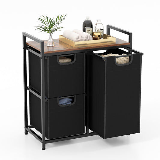 LIVSK Wasmand met 3 Uittrekbare Zakken - Robuust Metalen Frame - Handige Plank - Voor Efficiënte Wasorganisatie - Zwart + Rustiek