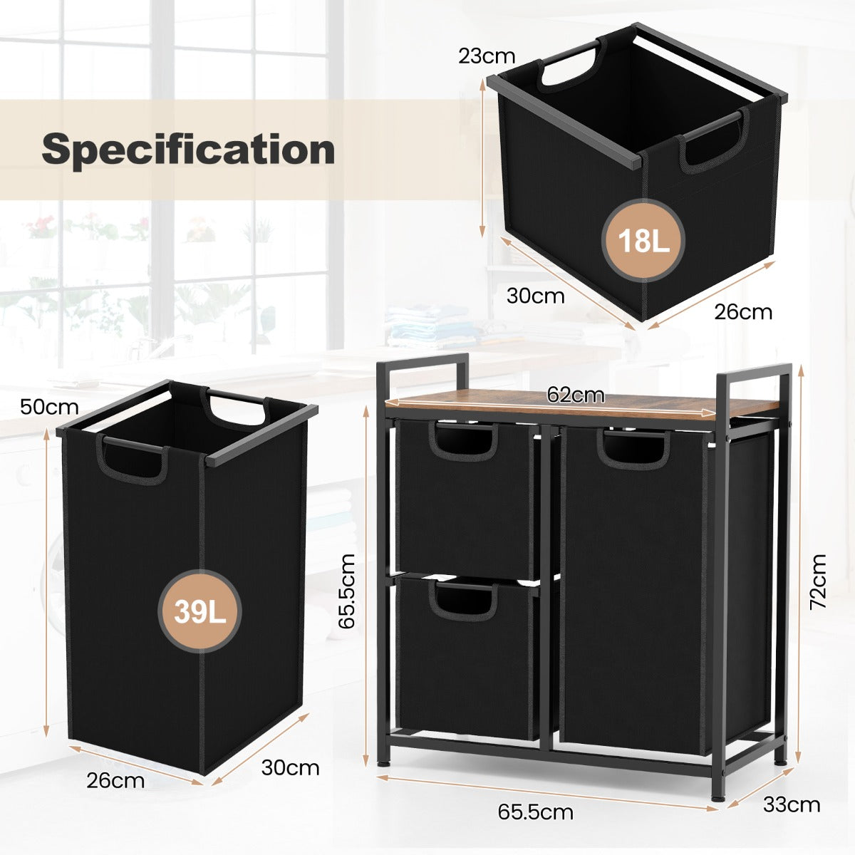 LIVSK Wasmand met 3 Uittrekbare Zakken - Robuust Metalen Frame - Handige Plank - Voor Efficiënte Wasorganisatie - Zwart + Rustiek