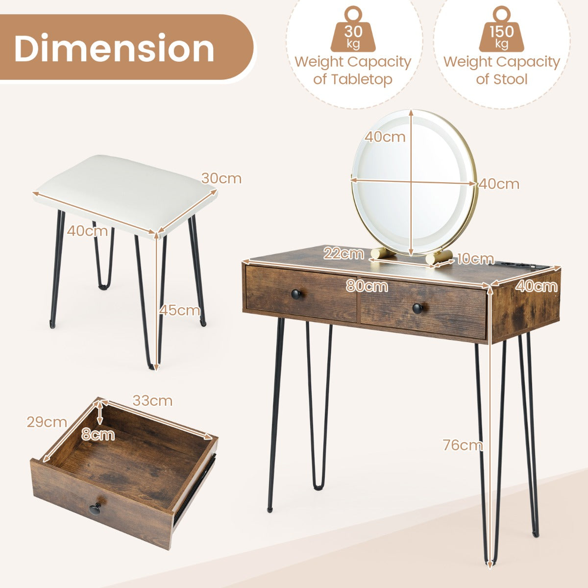 Livsk costway wastafelmeubel met draaibare spiegel en verlichting wastafelmeubel met beklede kruk 1 1